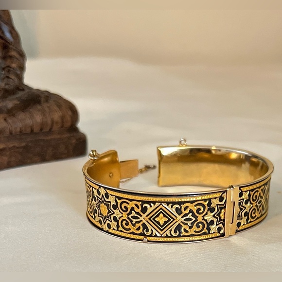 Vintage Damascene Bangle Bracelet 1/20 12K GF Wide & Heavy Diamond Cut Filigree - Picture 1 of 8